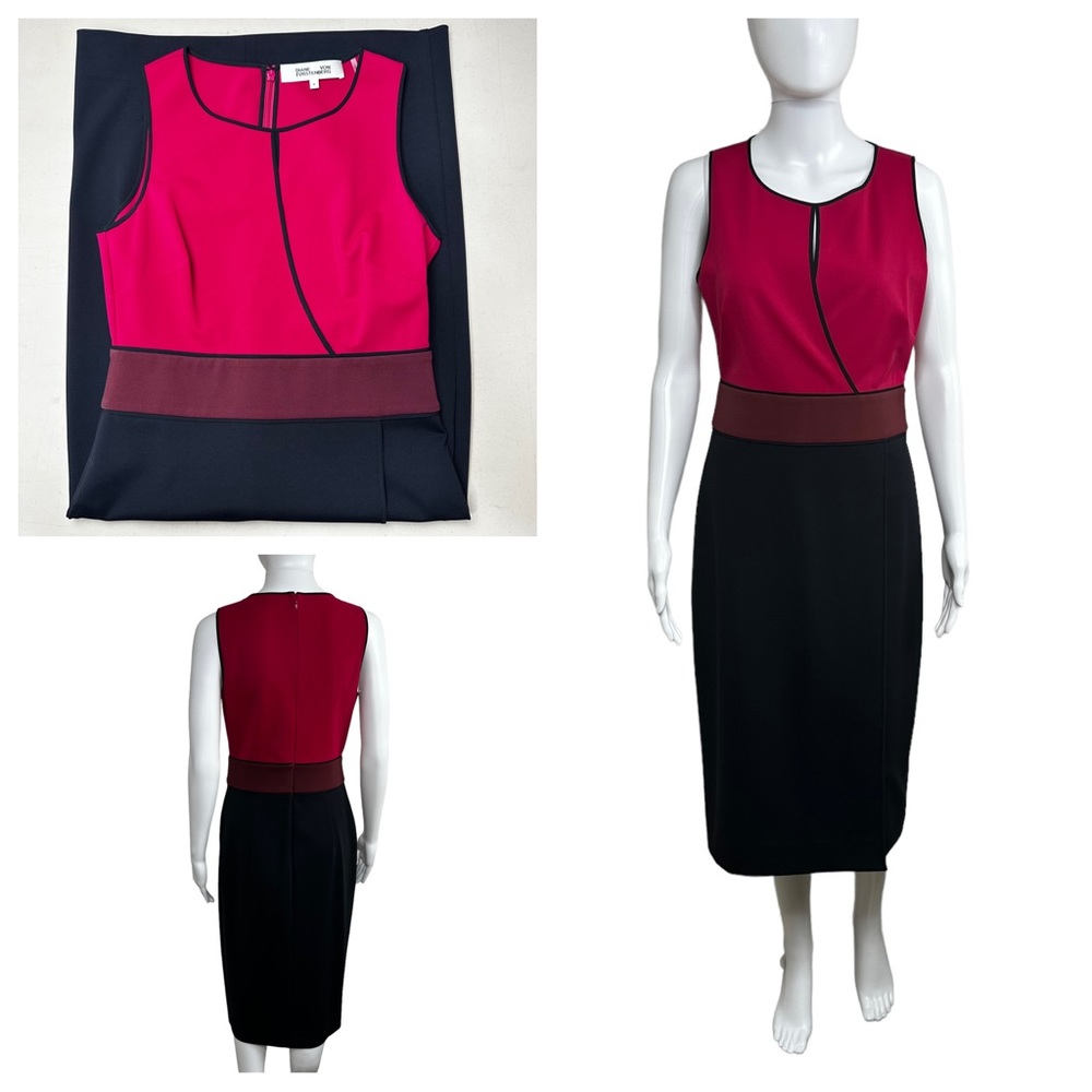Diane Von Furstenberg Color Block Midi Sheath Sleeveless Dress Size 6 Black Red